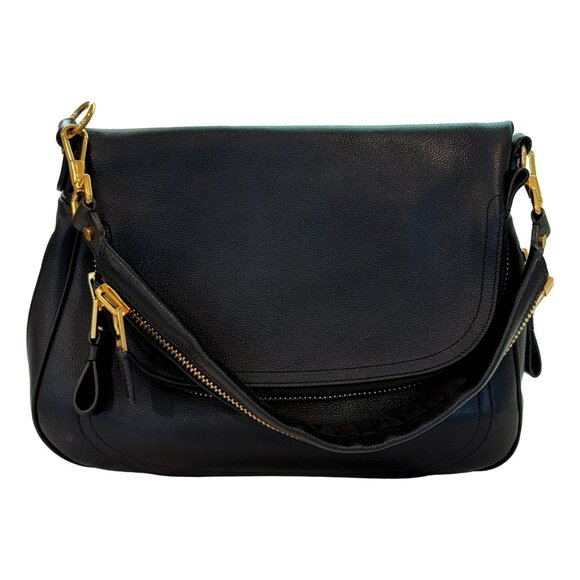 Retired  Tom Ford Jennifer Large Double Zip Shoulder Bag Black Grained Leather - Picture 1 of 16